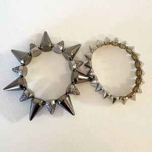 Pave Crystal Silver Toned Bracelet Alternating Spike Elastic Stretch Punk Biker